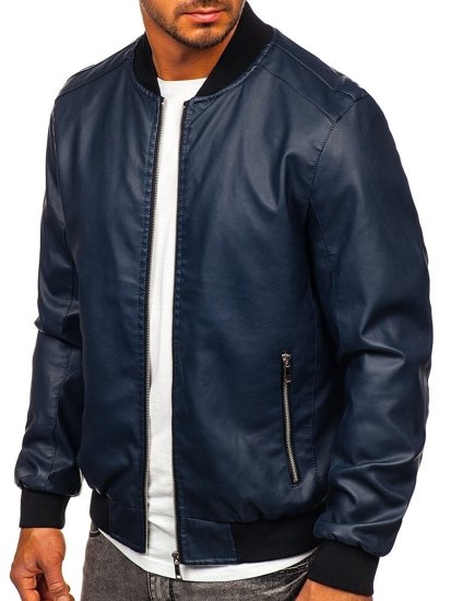 Men's Leather Bomber Jacket Navy Blue Bolf 1147