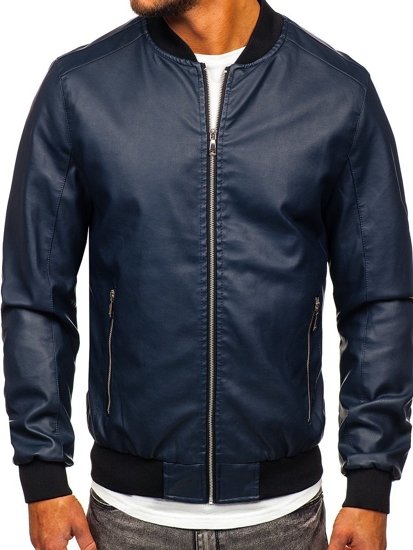 Men's Leather Bomber Jacket Navy Blue Bolf 1147