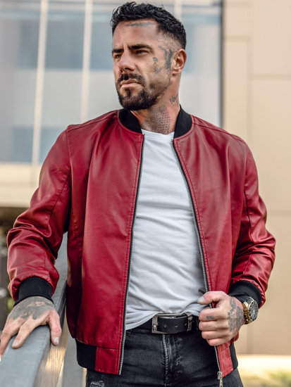 Men's Leather Bomber Jacket Red Bolf 1147A