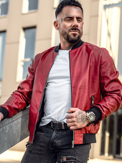 Men's Leather Bomber Jacket Red Bolf 1147A