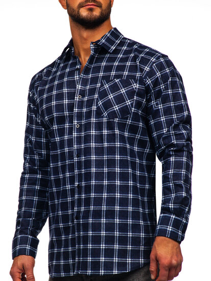 Men's Long Sleeve Chckered Flannel Shirt Navy Blue Bolf F7