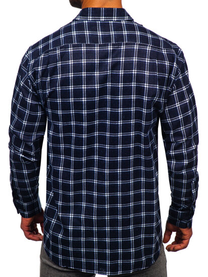 Men's Long Sleeve Chckered Flannel Shirt Navy Blue Bolf F7