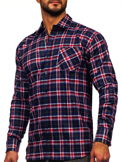 Men's Long Sleeve Chckered Flannel Shirt Navy Blue-Red Bolf F7