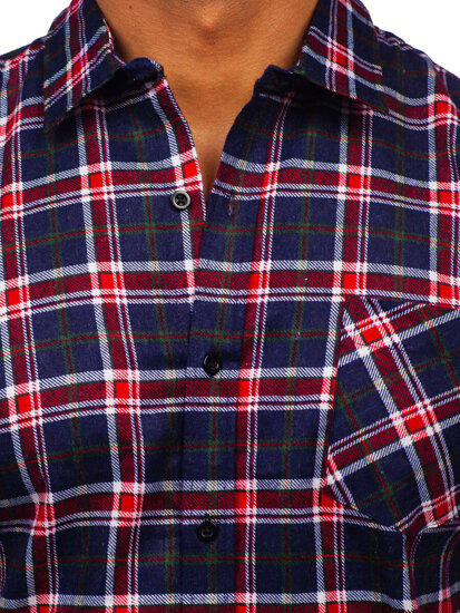 Men's Long Sleeve Chckered Flannel Shirt Navy Blue-Red Bolf F7