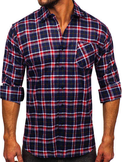 Men's Long Sleeve Chckered Flannel Shirt Navy Blue-Red Bolf F7