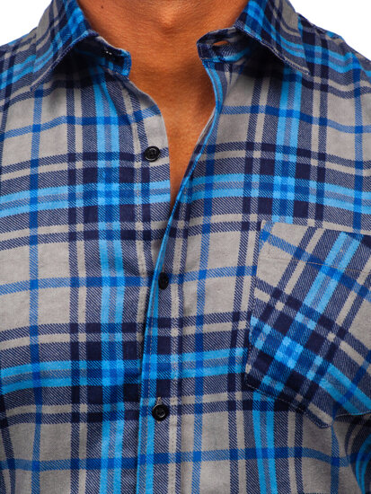 Men's Long Sleeve Checkered Flannel Shirt Blue Bolf F1