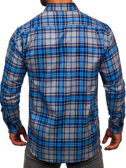 Men's Long Sleeve Checkered Flannel Shirt Blue Bolf F1