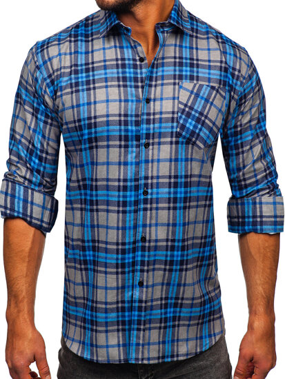 Men's Long Sleeve Checkered Flannel Shirt Blue Bolf F1