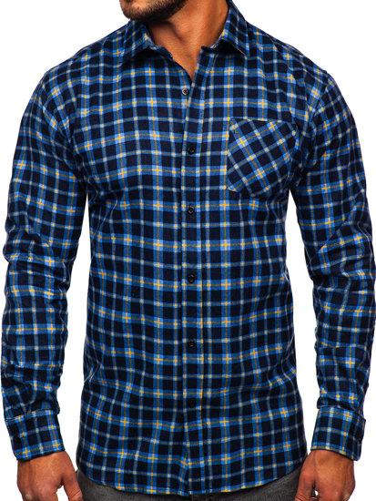 Men's Long Sleeve Checkered Flannel Shirt Blue-Yellow Bolf F4