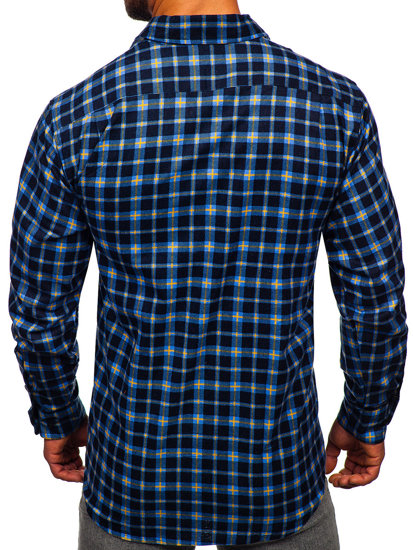 Men's Long Sleeve Checkered Flannel Shirt Blue-Yellow Bolf F4