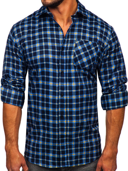 Men's Long Sleeve Checkered Flannel Shirt Blue-Yellow Bolf F4