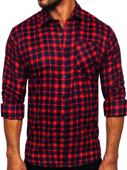 Men's Long Sleeve Checkered Flannel Shirt Claret Bolf F4