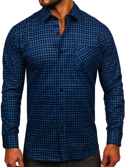 Men's Long Sleeve Checkered Flannel Shirt Navy Blue Bolf F4