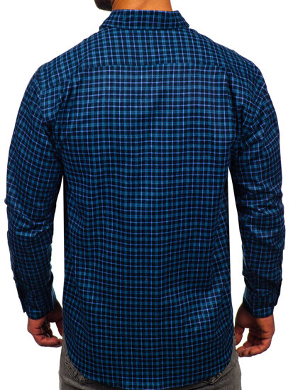 Men's Long Sleeve Checkered Flannel Shirt Navy Blue Bolf F4