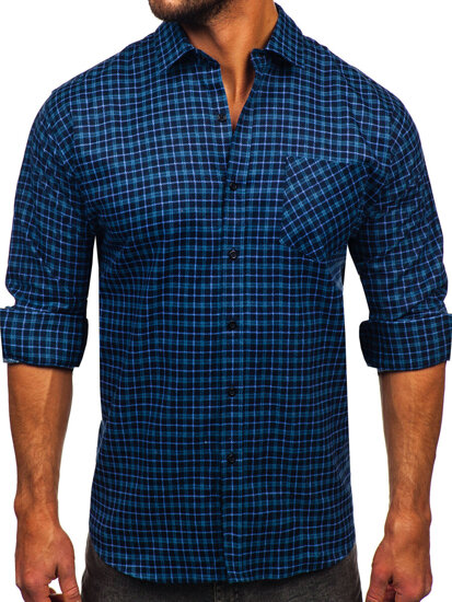 Men's Long Sleeve Checkered Flannel Shirt Navy Blue Bolf F4