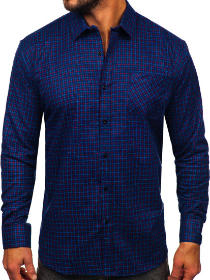 Men's Long Sleeve Checkered Flannel Shirt Navy Blue Bolf F5