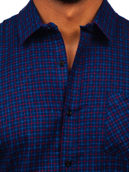 Men's Long Sleeve Checkered Flannel Shirt Navy Blue Bolf F5