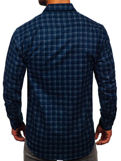 Men's Long Sleeve Checkered Flannel Shirt Navy Blue Bolf F6