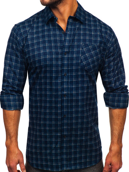 Men's Long Sleeve Checkered Flannel Shirt Navy Blue Bolf F6