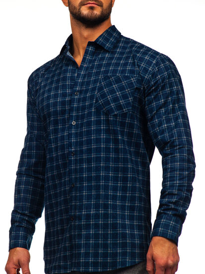 Men's Long Sleeve Checkered Flannel Shirt Navy Blue Bolf F6