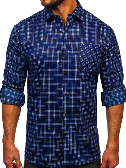 Men's Long Sleeve Checkered Flannel Shirt Navy Blue-White Bolf F4