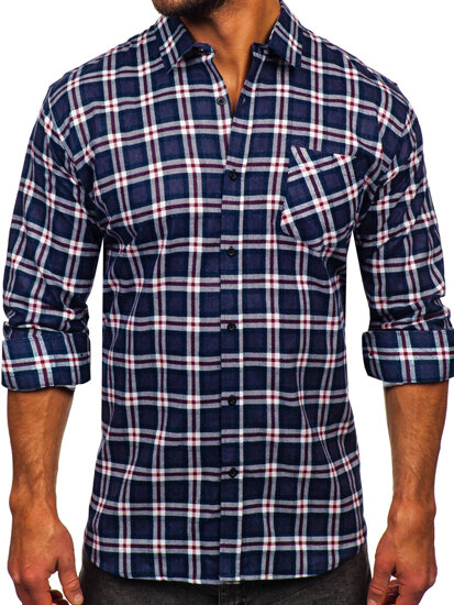 Men's Long Sleeve Checkered Flannel Shirt Navy Blue-White Bolf F6