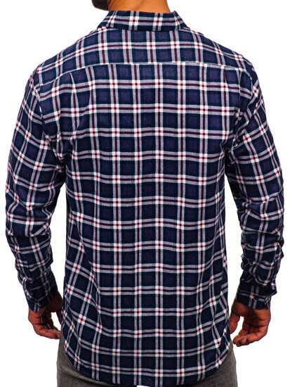 Men's Long Sleeve Checkered Flannel Shirt Navy Blue-White Bolf F6