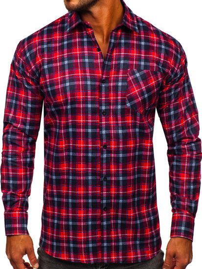 Men's Long Sleeve Checkered Flannel Shirt Red-Black Bolf F3