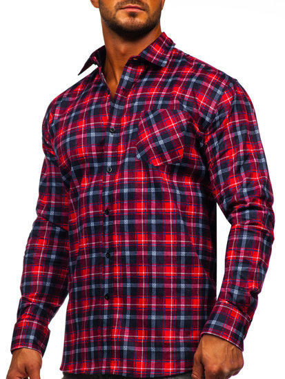 Men's Long Sleeve Checkered Flannel Shirt Red-Black Bolf F3