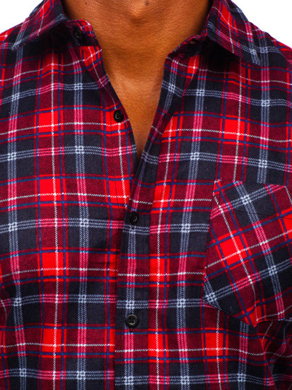 Men's Long Sleeve Checkered Flannel Shirt Red-Black Bolf F3