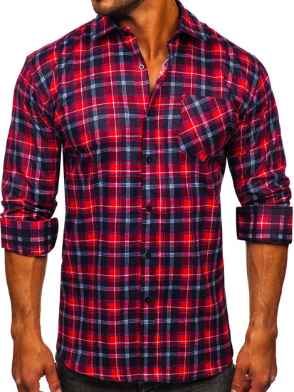 Men's Long Sleeve Checkered Flannel Shirt Red-Black Bolf F3