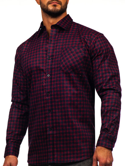 Men's Long Sleeve Checkered Flannel Shirt Red Bolf F4