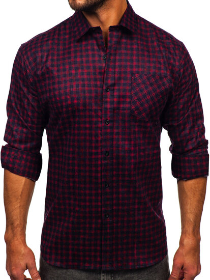 Men's Long Sleeve Checkered Flannel Shirt Red Bolf F4