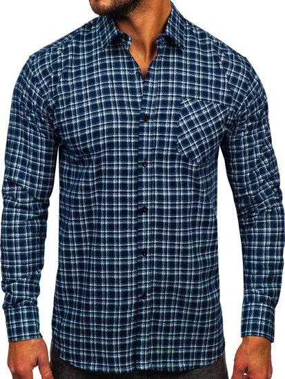 Men's Long Sleeve Checkered Flannel Shirt White-Navy Blue Bolf F7