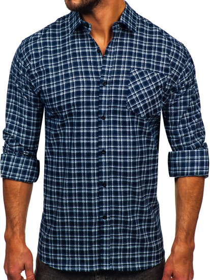 Men's Long Sleeve Checkered Flannel Shirt White-Navy Blue Bolf F7