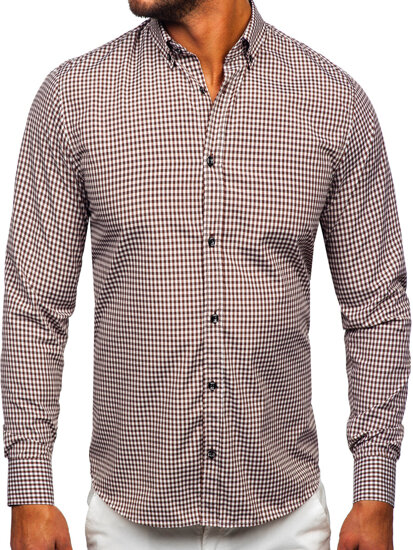 Men's Long Sleeve Checkered Shirt Brown Bolf 22745