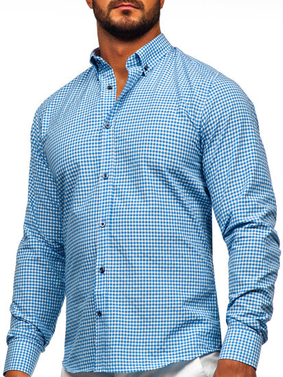 Men's Long Sleeve Checkered Shirt Sky Blue Bolf 22745