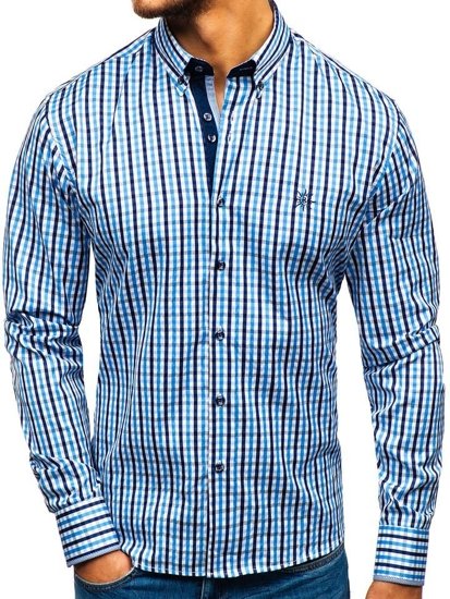 Men's Long Sleeve Checkered Vichy Shirt Sky Blue Bolf 4712