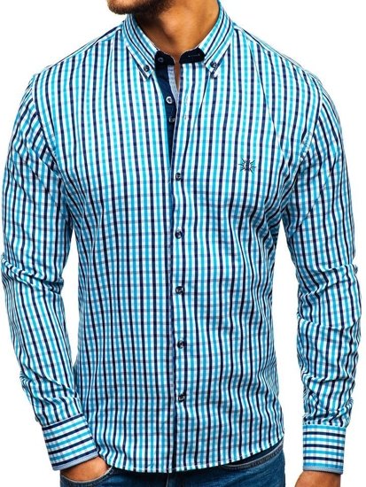 Men's Long Sleeve Checkered Vichy Shirt Turquoise Bolf 4712