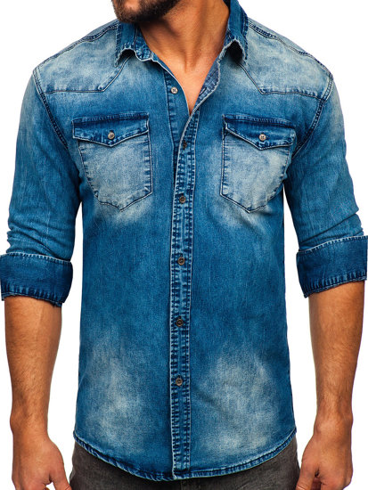 Men's Long Sleeve Denim Shirt Navy Blue Bolf MC710BS