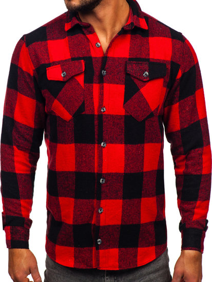 Men's Long Sleeve Flannel Shirt Black-Red Bolf 20723