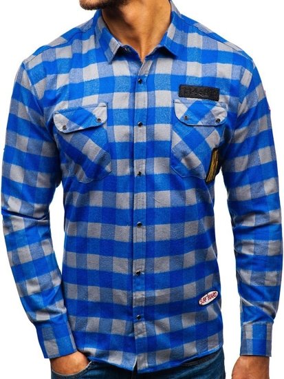 Men's Long Sleeve Flannel Shirt Blue-Grey Bolf 2503