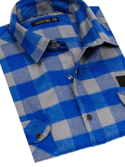 Men's Long Sleeve Flannel Shirt Blue-Grey Bolf 2503