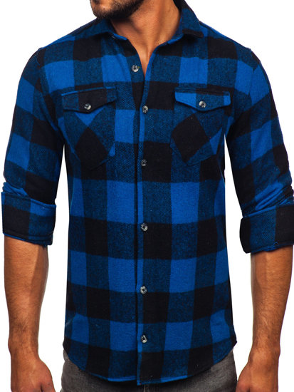 Men's Long Sleeve Flannel Shirt Navy Blue Bolf 20723