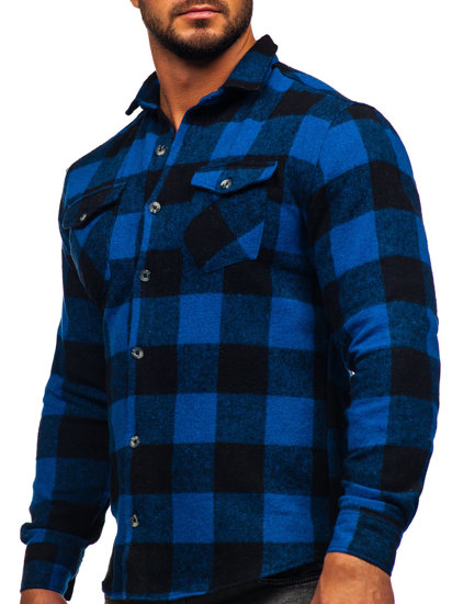 Men's Long Sleeve Flannel Shirt Navy Blue Bolf 20723