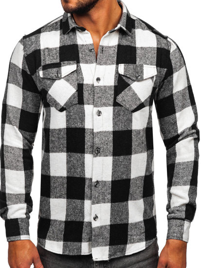 Men's Long Sleeve Flannel Shirt White-Black Bolf 20723