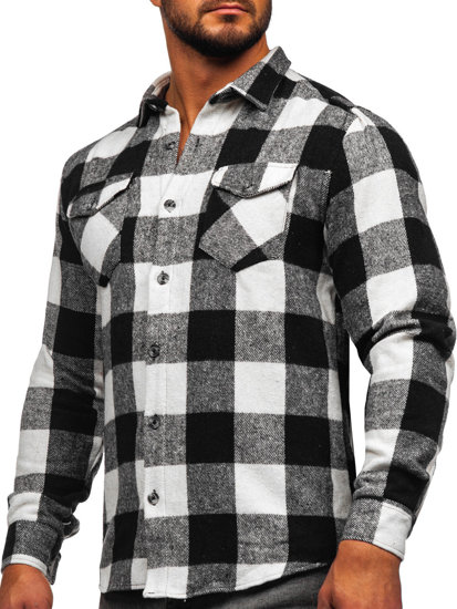 Men's Long Sleeve Flannel Shirt White-Black Bolf 20723