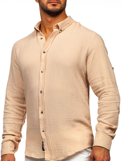 Men's Long Sleeve Muslin Shirt Beige Bolf 22746