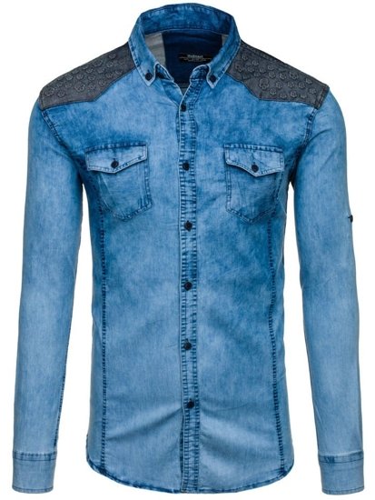 Men's Long Sleeve Patterned Denim Shirt Blue Bolf 0517