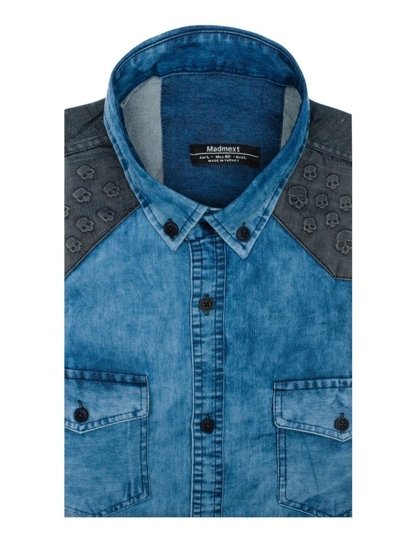 Men's Long Sleeve Patterned Denim Shirt Blue Bolf 0517